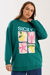 YOURS Plus Size Teal Green 'Sicily' Slogan Sweatshirt | Yours Clothing 3