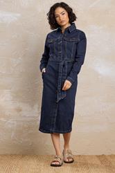 PixieGirl Petite Women's Indigo Blue Denim Tie Waist Midi Dress | PixieGirl 3