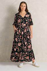 EVANS Plus Size Black Floral Crinkle Button Through Maxi Dress | Evans 2