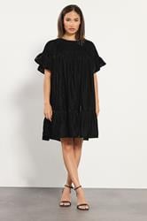 PixieGirl Petite Women's Black Velvet Frill Smock Mini Dress | PixieGirl 3