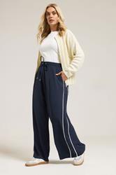 YOURS Plus Size Navy Blue Side Stripe Wide Leg Trousers | Yours Clothing 3