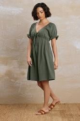 PixieGirl Petite Women's Khaki Green Tie Front Cotton Mini Dress | PixieGirl 3