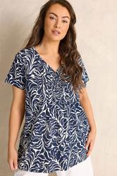 EVANS Plus Size Navy Blue Abstract Print Premium Cotton Henley Top | Evans 3