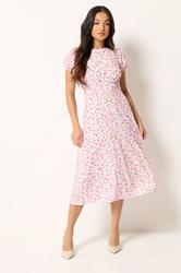 PixieGirl Petite Women's Pink & White Floral Midi Dress | PixieGirl 1
