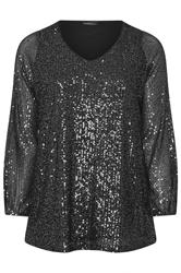 EVANS Plus Size Black Sequin Embellished Balloon Sleeve Top | Evans 5