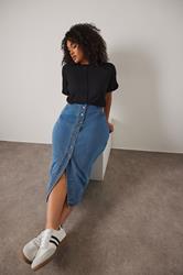 EVANS Plus Size Blue Button Through Denim Maxi Skirt | Evans 3