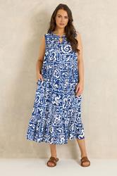 EVANS Plus Size Blue Abstract Print Tie Neck Maxi Dress | Evans 1