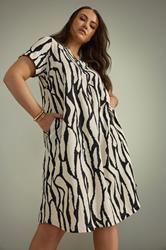 EVANS Plus Size Natural Brown Abstract Print Premium Linen Dress | Evans 3