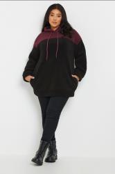 YOURS Plus Size Black & Burgundy Red Colourblock Teddy Fleece Hoodie | Yours Clothing  1
