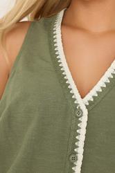 YOURS Plus Size Khaki Green Blanket Stitch Linen Vest Top | Yours Clothing 4