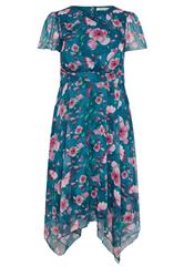 YOURS LONDON Curve Teal Blue Floral Ruffle Hem Dress