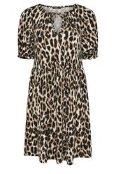 YOURS Curve Natural Brown Leopard Tie Neck Mini Dress