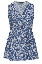 YOURS Curve Blue Daisy Print Sleeveless Wrap Top