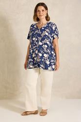 EVANS Plus Size Navy Blue Floral Grown-On Sleeve Top | Evans 1