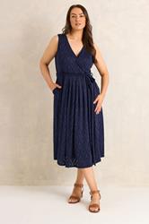 EVANS Plus Size Navy Blue Broderie Wrap Midi Dress | Evans 1