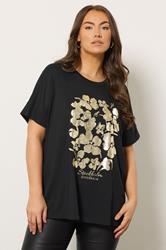 EVANS Plus Size Black & Gold Floral Foil Detail Modal Top | Evans 3