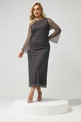 YOURS LONDON Plus Size Chocolate Brown & Blue Polka Dot Mesh Dress | Yours Clothing 1