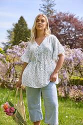 YOURS Plus Size Light Blue Ditsy Floral Tie Front Peplum Top | Yours Clothing 1