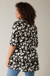EVANS Plus Size Black Daisy Print Frill Hem Tunic Top | Evans 2