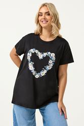 YOURS Plus Size Black Daisy Heart T-Shirt | Yours Clothing 3