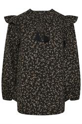 YOURS Curve Black Ditsy Leaf Print Frill Top