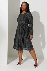 YOURS LONDON Plus Size Black Sequin Skater Midi Dress | Yours Clothing 3