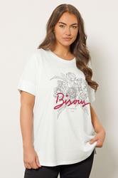 EVANS Plus Size Ivory White Floral Beaded Slogan Modal T-Shirt | Evans 3