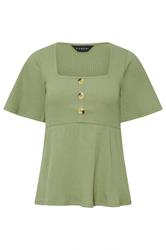 PixieGirl Petite Sage Green Ribbed Smock Top