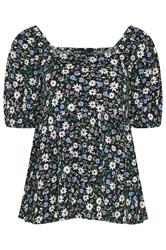 YOURS Curve Black Ditsy Floral Peplum Top