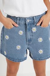 PixieGirl Petite Women's Blue Denim Daisy Embroidered Shorts | PixieGirl 5