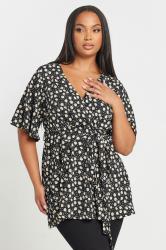 YOURS Plus Size Black Textured Floral Print Wrap Top | Yours Clothing 1