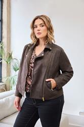 EVANS Plus Size Chocolate Brown Faux Suede Biker Jacket 1