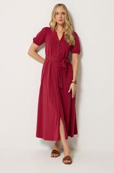 LTS Tall Women's Berry Red Button Belted Cotton Midi Dress | Long Tall Sally  3