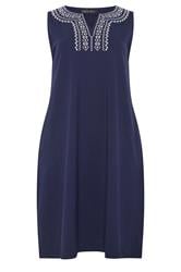 M&Co Navy Blue Embroidered Notch Neck Cotton Midi Dress | M&Co 5