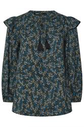 YOURS Curve Blue Ditsy Floral Print Frill Top