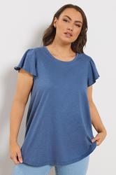 YOURS Plus Size Denim Blue Frill Sleeve T-Shirt | Yours Clothing 3