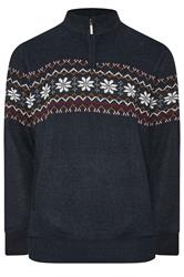 D555 Big & Tall Navy Blue Fairisle Quarter Zip Knitted Jumper | BadRhino 2