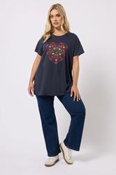 YOURS Plus Size Navy Blue Floral Heart Embroidered T-Shirt | Yours Clothing 1