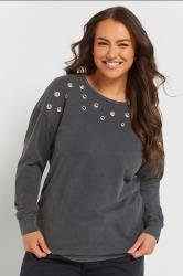 YOURS Plus Size Grey Acid Wash Eyelet Sweatshirt | Yours Clothing 3