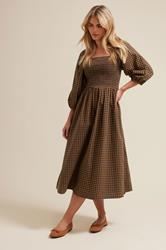 PixieGirl Petite Women's Brown Gingham Puff Sleeve Midi Dress | PixieGirl 2