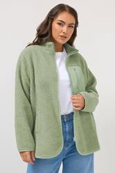 YOURS Plus Size Sage Green Pocket Teddy Fleece Jacket | Yours Clothing 1