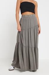 PixieGirl Petite Women's Charcoal Grey Asymmetric Tiered Maxi Skirt | PixieGirl 2