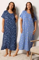 YOURSET Plus Size 2 PACK Blue Star & Shell Print Midaxi Nightdresses | Yours Clothing 3