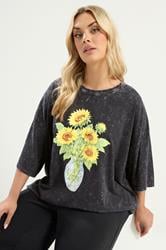 YOURS Plus Size Grey Acid Wash Sunflower Graphic T-Shirt | Yours Clothing 3