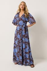 LTS Tall Women's Chocolate Brown & Blue Floral Wrap Maxi Dress | Long Tall Sally 1