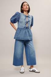 PixieGirl Petite Women's Blue Denim Tie Front Peplum Top | PixieGirl 2