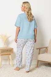 YOURS Plus Size Blue 'Currently Cat Napping' Slogan Wide Leg Pyjama Set | Yours Clothing 2