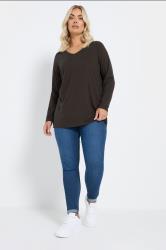 YOURS Plus Size Dark Brown Essential Long Sleeve V-Neck T-Shirt | Yours Clothing 1