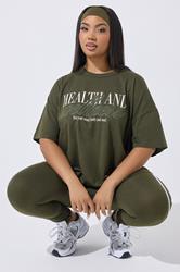 YOURS ACTIVE Plus Size Khaki Green 'Health & Wellness' T-Shirt | Yours Clothing 1