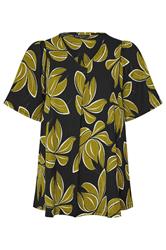 EVANS Curve Black Leaf Print Pleat Front Swing Top